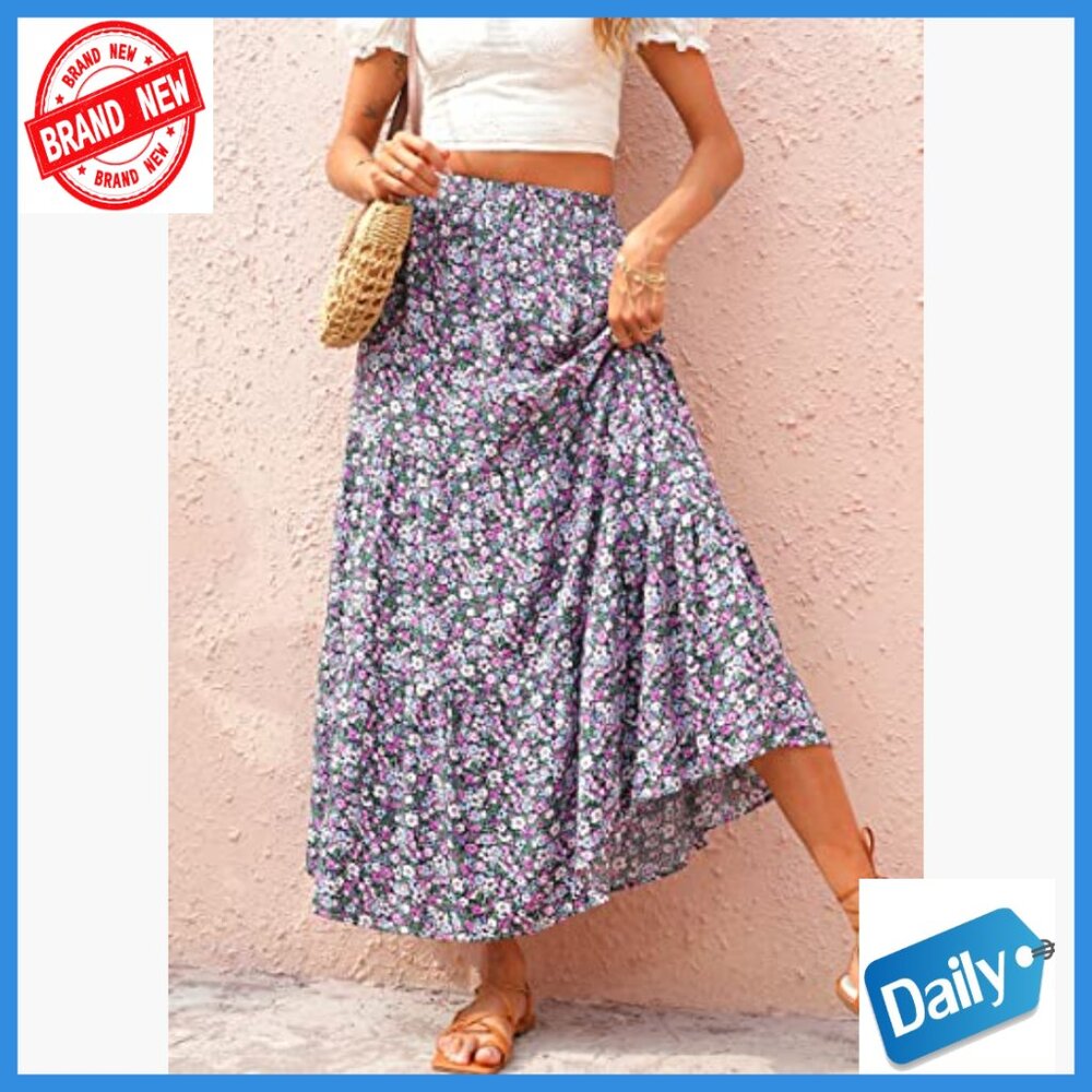 High Waist Boho Floral Maxi Skirt Lightweight Viscose Elastic Beach Casual - Picture 3 of 7